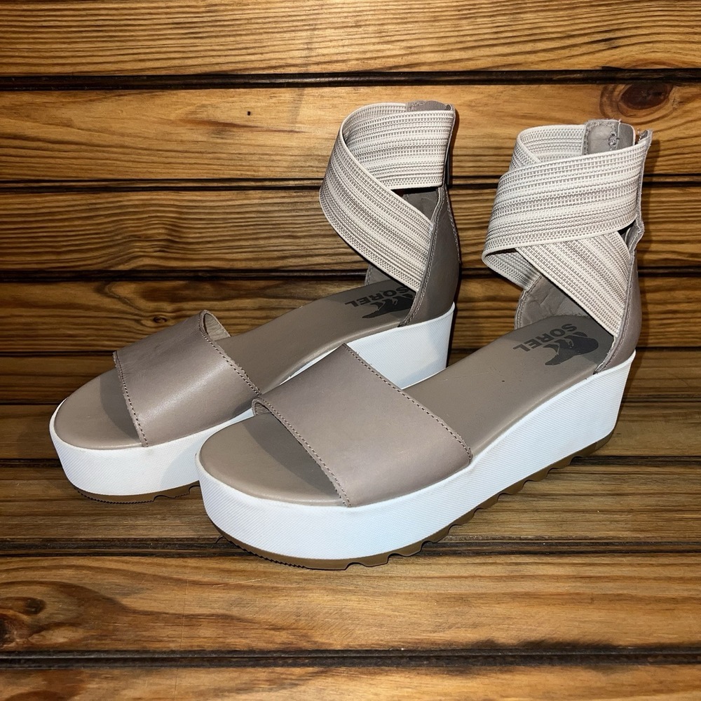 Sorel Cameron Sandal Womens Size 7 Beige Leather Flatform Ankle Strap NL3997-246 - Picture 4 of 10